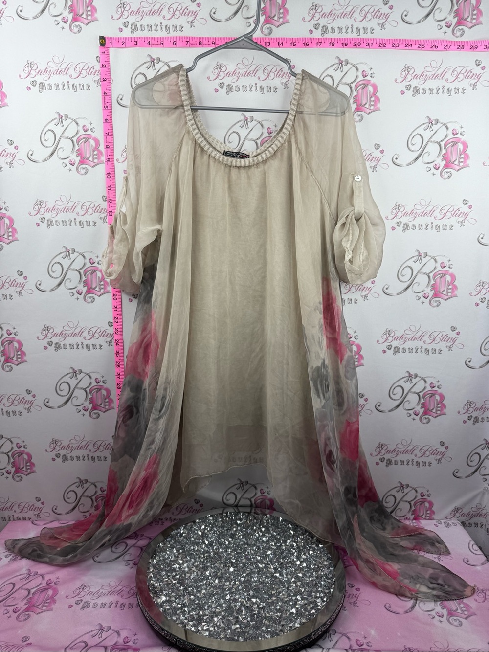PRONTO MODA Italy dress fairy hem Cream with Pink & Gray Floral Hem soft